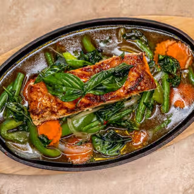 Grilled Salmon in Basil Sauce.