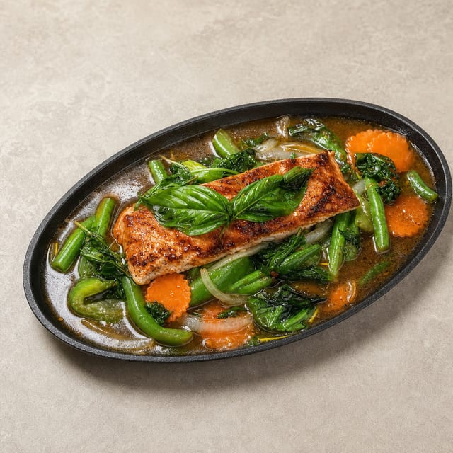 Grilled Salmon in Basil Sauce.