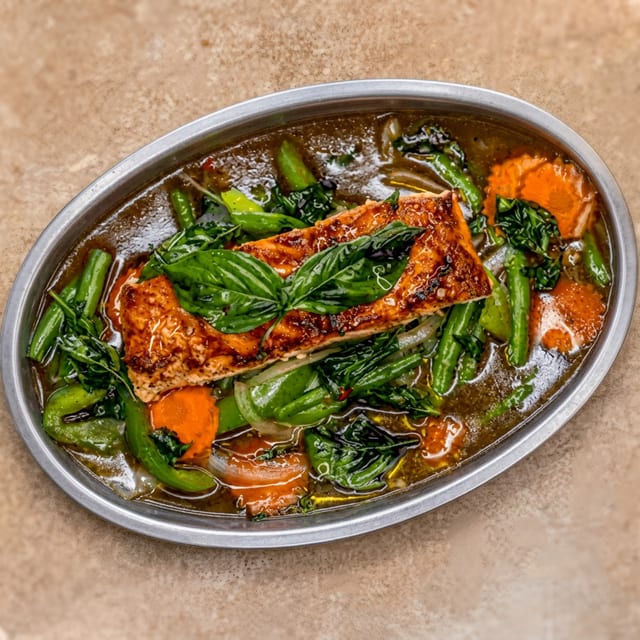 Grilled Salmon in Basil Sauce.